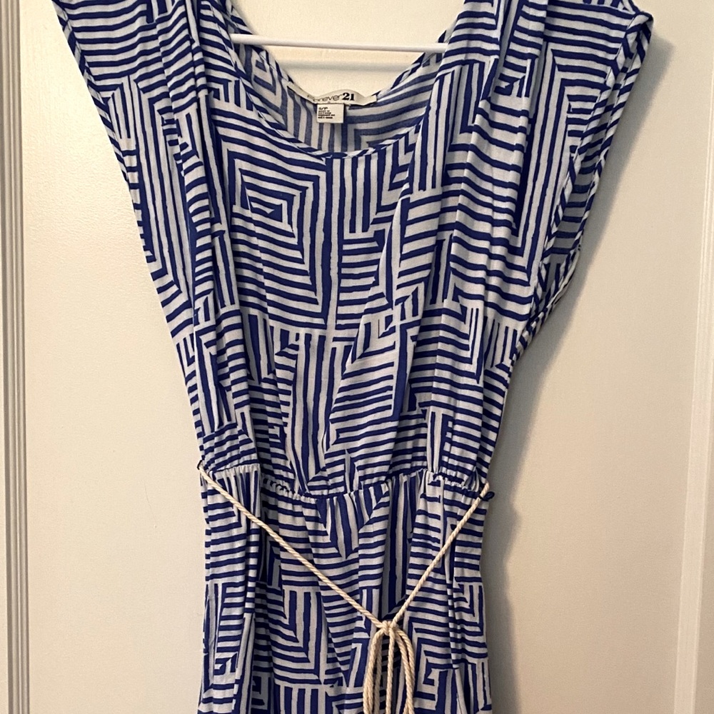 Blue and white patterned dress.